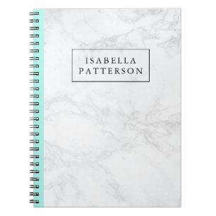 White Marble with Aqua Blue Accent Personalized Notebook