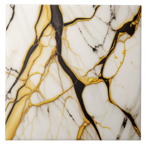 White Marble with Black Gold Veins Ceramic Tile