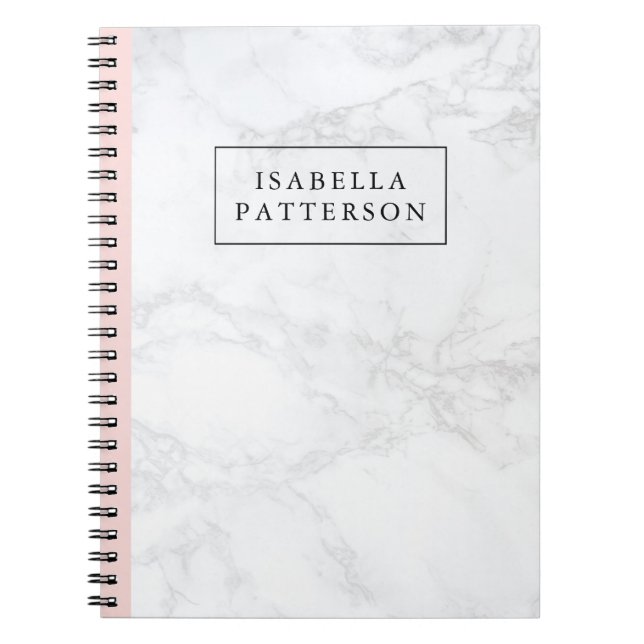 White Marble with Blush Pink Accent Personalized Notebook (Front)