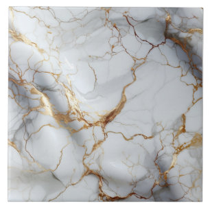 White Marble with Branching Gold Veins Ceramic Tile