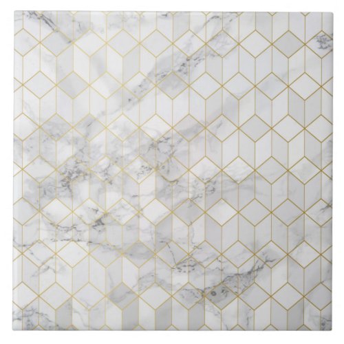 White Marble with Gold Cube Pattern Ceramic Tile