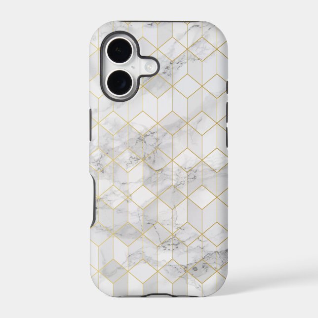 White Marble with Gold Cube Pattern Iphone Case (Back)