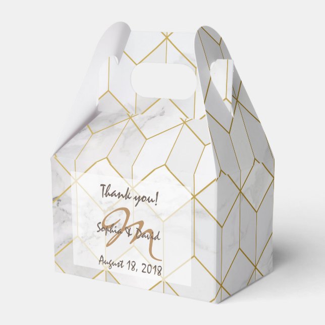 White Marble with Gold Cube Pattern + Monogram Favor Boxes (Front Side)