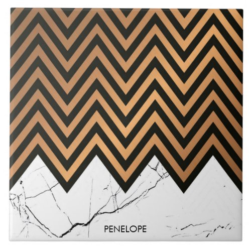 White Marble With Golden Chevrons Ceramic Tile
