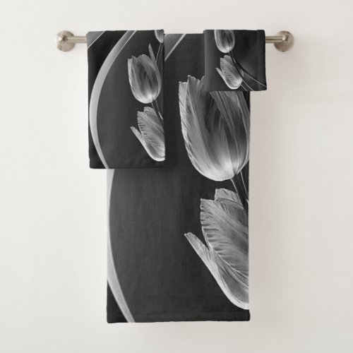 White Marble with Grey Underexposed Tulips Bath Towel Set