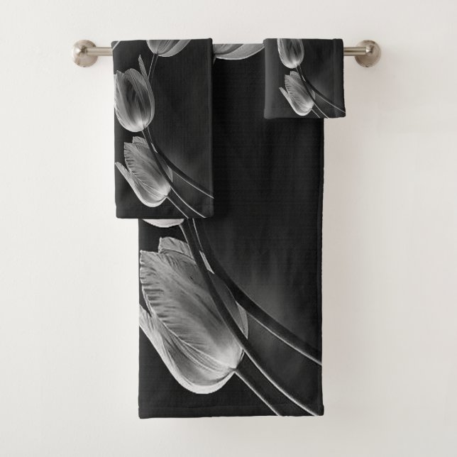 White Marble with Grey Underexposed Tulips Bath Towel Set (Insitu)