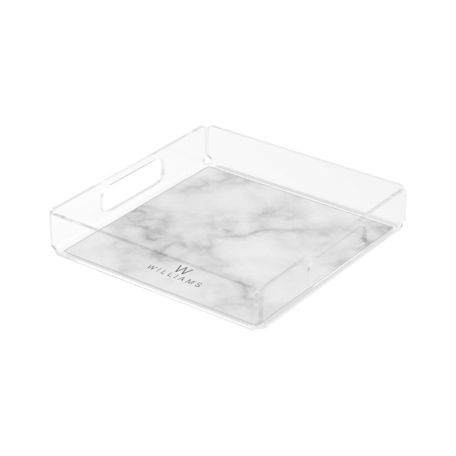 White Marble with Personalized Monogram and Name Acrylic Tray (Angled)