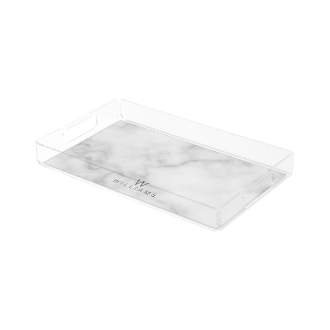 White Marble with Personalized Monogram and Name Acrylic Tray (Angled)