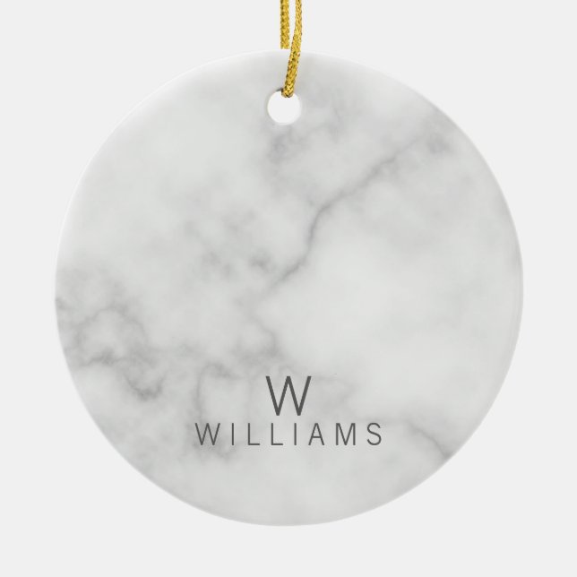 White Marble with Personalized Monogram and Name Ceramic Ornament (Front)