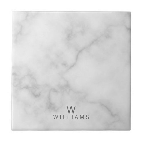 White Marble with Personalized Monogram and Name Ceramic Tile