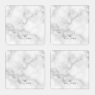 White Marble with Personalized Monogram and Name Coaster Set