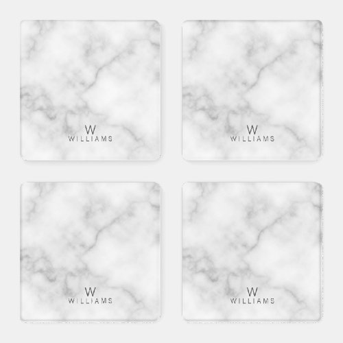 White Marble with Personalized Monogram and Name Coaster Set