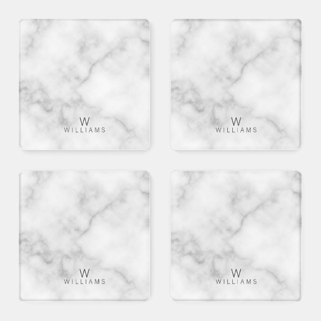 White Marble with Personalized Monogram and Name Coaster Set (Set)