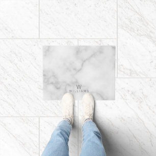 White Marble with Personalized Monogram and Name Doormat