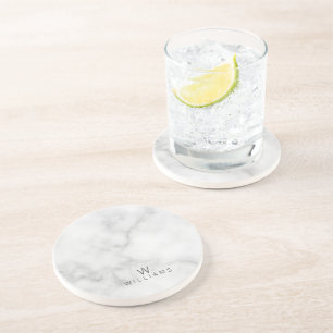 White Marble with Personalized Monogram and Name Drink Coaster