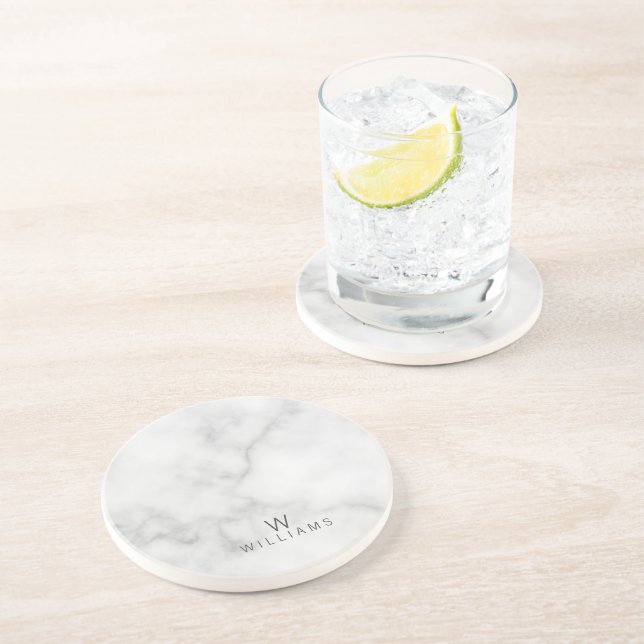White Marble with Personalized Monogram and Name Drink Coaster (Side)