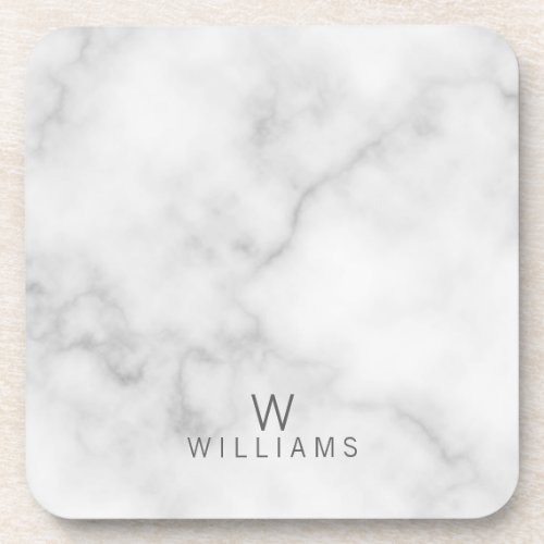 White Marble with Personalized Monogram and Name Drink Coaster