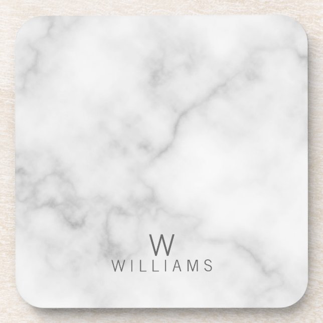 White Marble with Personalized Monogram and Name Drink Coaster (Front)