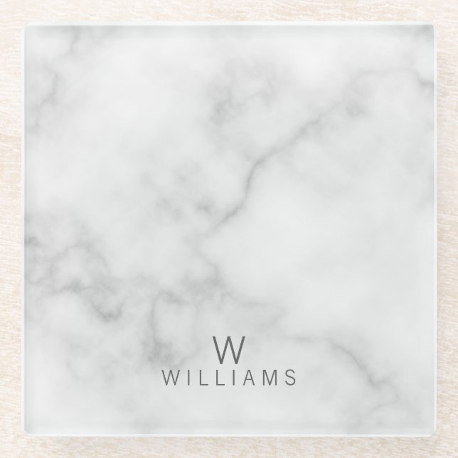 White Marble with Personalized Monogram and Name Glass Coaster (Front)
