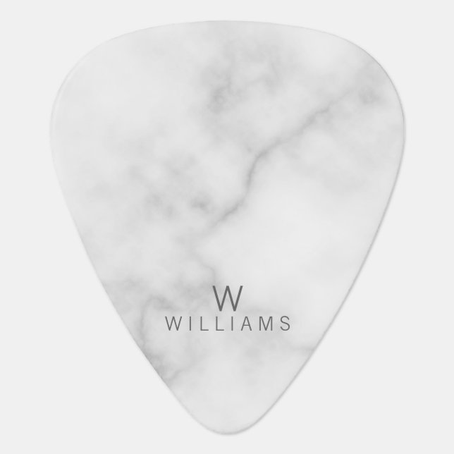 White Marble with Personalized Monogram and Name Guitar Pick (Front)