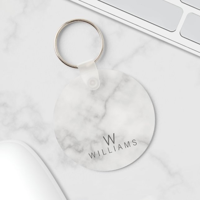 White Marble with Personalized Monogram and Name Keychain (Creator Uploaded)