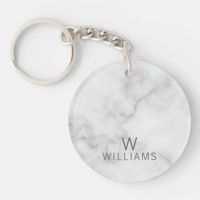 White Marble with Personalized Monogram and Name Keychain (Front)