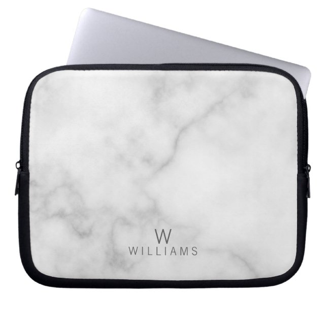 White Marble with Personalized Monogram and Name Laptop Sleeve (Front)