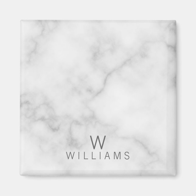 White Marble with Personalized Monogram and Name Magnet (Front)