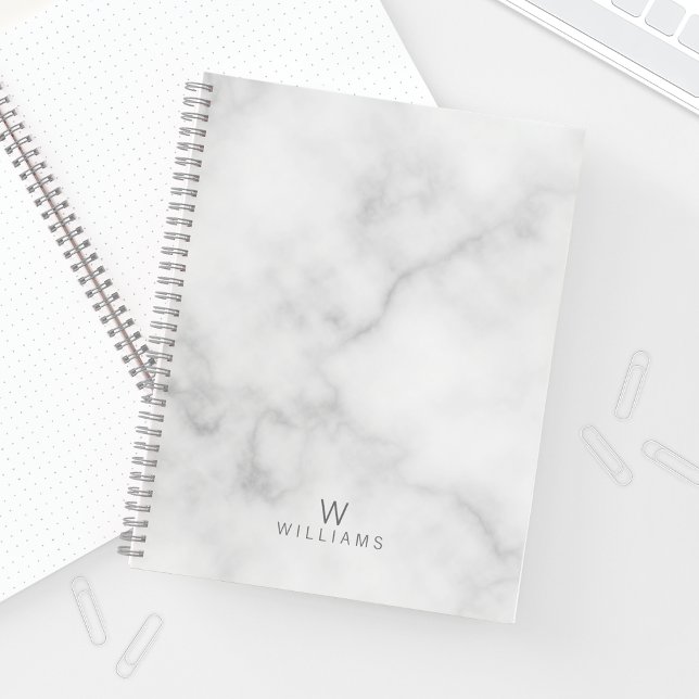 White Marble with Personalized Monogram and Name Notebook (Creator Uploaded)