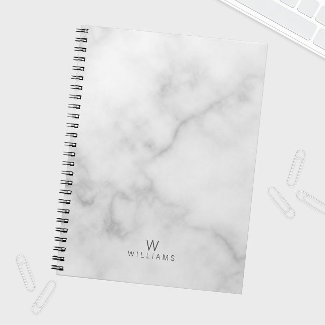 White Marble with Personalized Monogram and Name Notebook (Creator Uploaded)