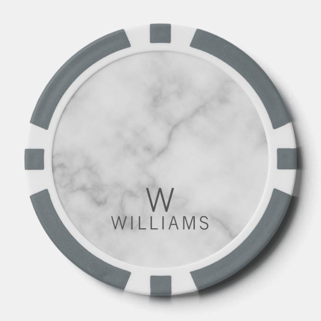 White Marble with Personalized Monogram and Name Poker Chips (Front)