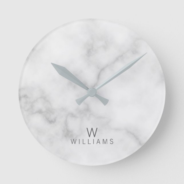 White Marble with Personalized Monogram and Name Round Clock (Front)