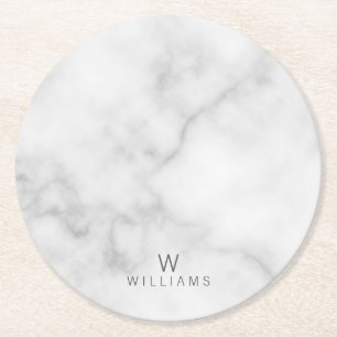 White Marble with Personalized Monogram and Name Round Paper Coaster