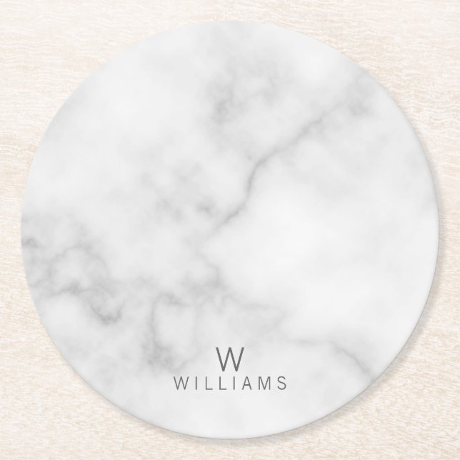 White Marble with Personalized Monogram and Name Round Paper Coaster (Front)