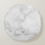 White Marble with Personalized Monogram and Name Round Pillow<br><div class="desc">White Marble with Personalized Monogram and Name Gift
featuring monogram and name in grey modern sans serif font style on white marble background.

Perfect as housewarming gift,  wedding gift,  holiday gift,  family reunion gift and gift for any special occasions.</div>