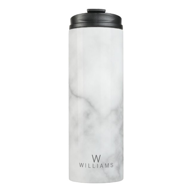 White Marble with Personalized Monogram and Name Thermal Tumbler (Front)