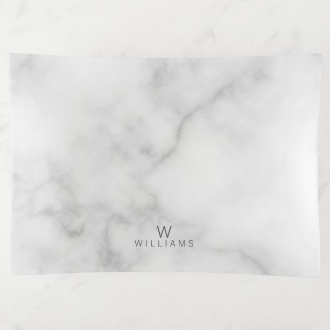 White Marble with Personalized Monogram and Name Trinket Tray (Front)