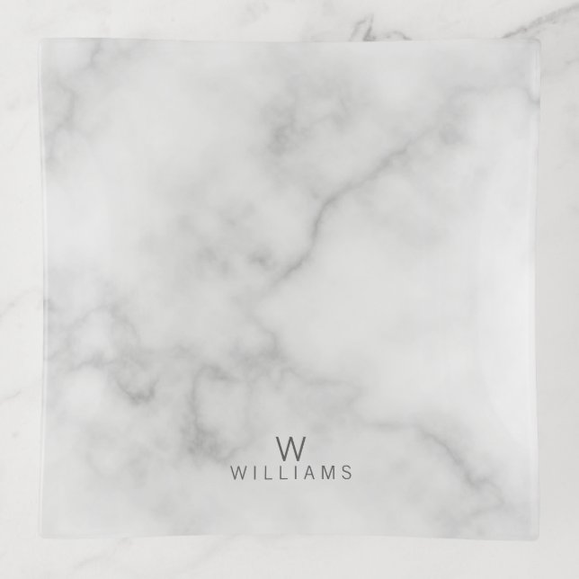 White Marble with Personalized Monogram and Name Trinket Tray (Front)