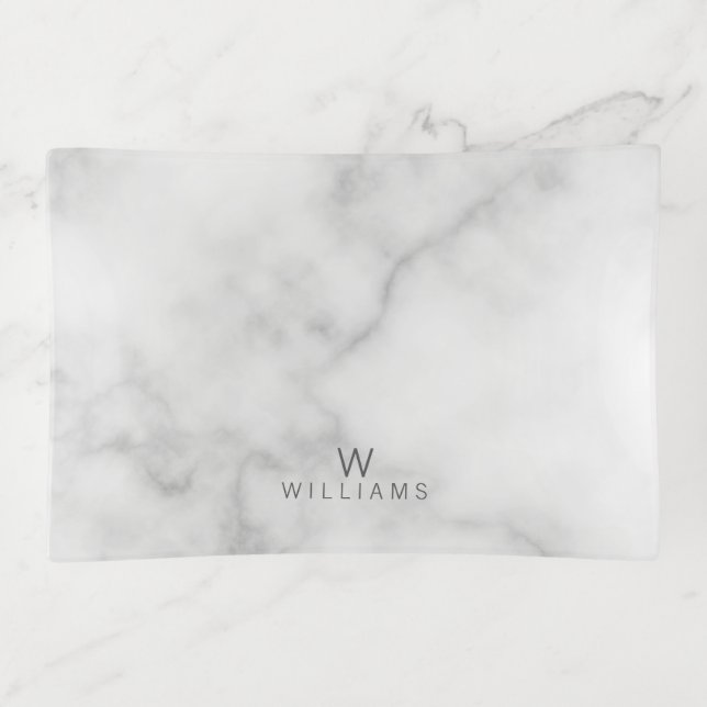 White Marble with Personalized Monogram and Name Trinket Tray (Front)