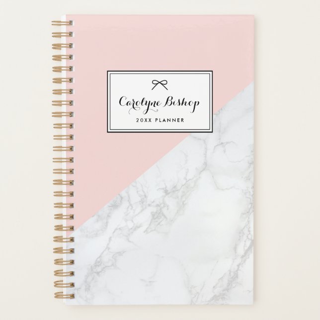 White Marble with Pink Accent Personalized Planner (Front)