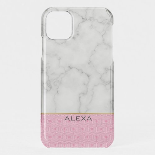 White marble with  pink and gold accent iPhone 11 case