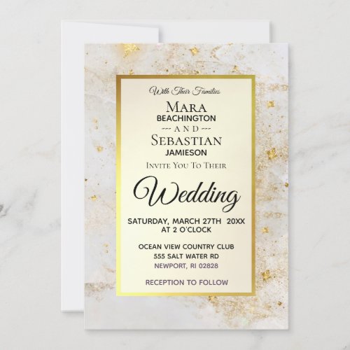  White Marble with Star Dust Gold Glitter Invitation