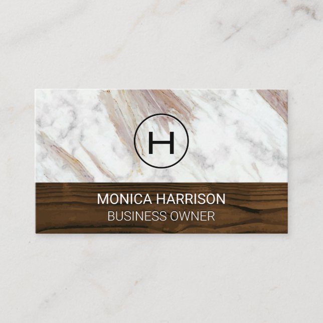 White Marble | Wood Trim | Monogram Business Card (Front)