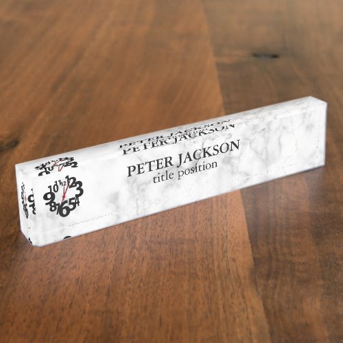 White Marbled With Clock Desk Name Plate