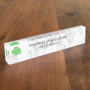 White Marbled With Clover Desk Name Plate