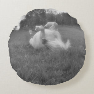 White Mare Rolling in Grass on a Horse Ranch Round Pillow