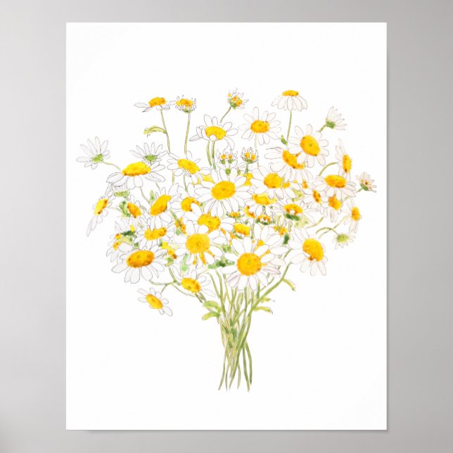 white Margaret daisy  watercolor and ink bouquet  Poster (Front)