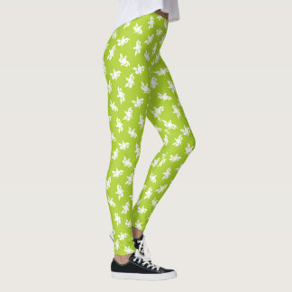 White Marigold Flower Silhouettes on Leaf Green Leggings