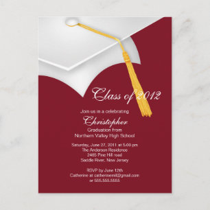 White Maroon Grad Cap Graduation Party Invitation Postcard