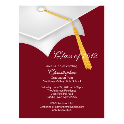 White Maroon Grad Cap Graduation Party Invitation Postcard | Zazzle